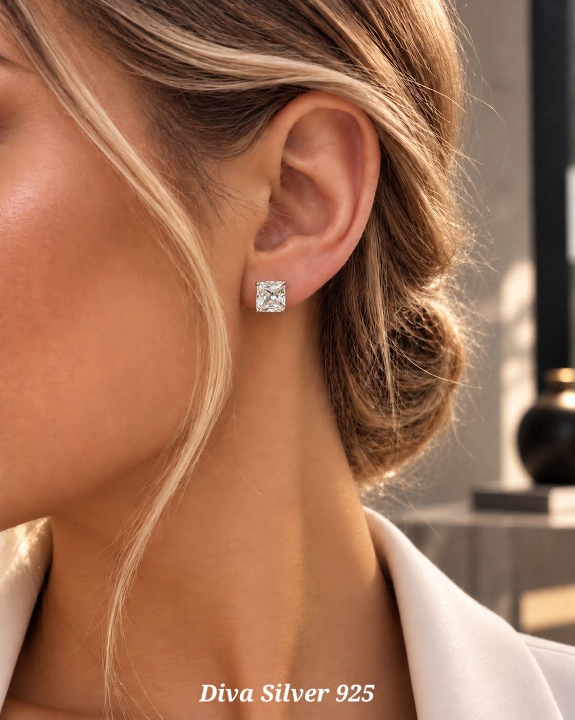 Sterling Silver Square Clear Women Earrings
