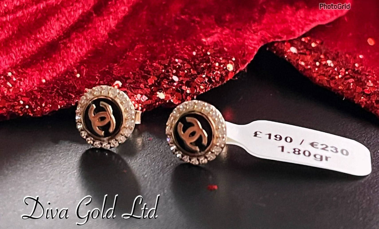 Gold 585 chanel studs earrings with white zircon stones.
