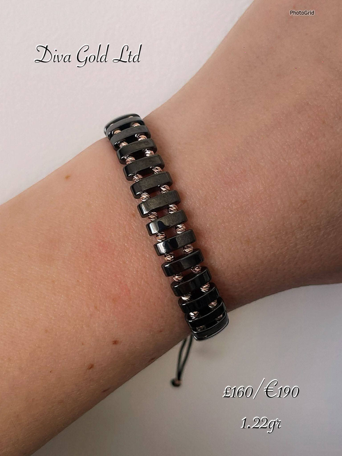 Black thread bracelet with 585 gold details. 1.22gram