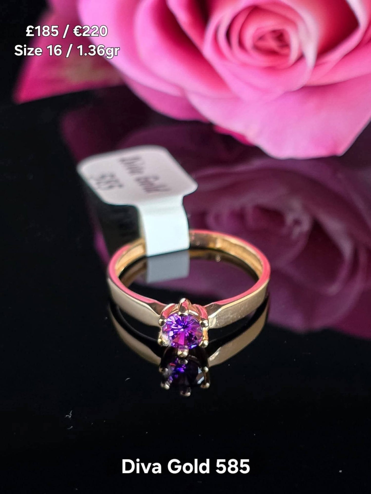 Gold women ring. Purple zircon stone.Size 16