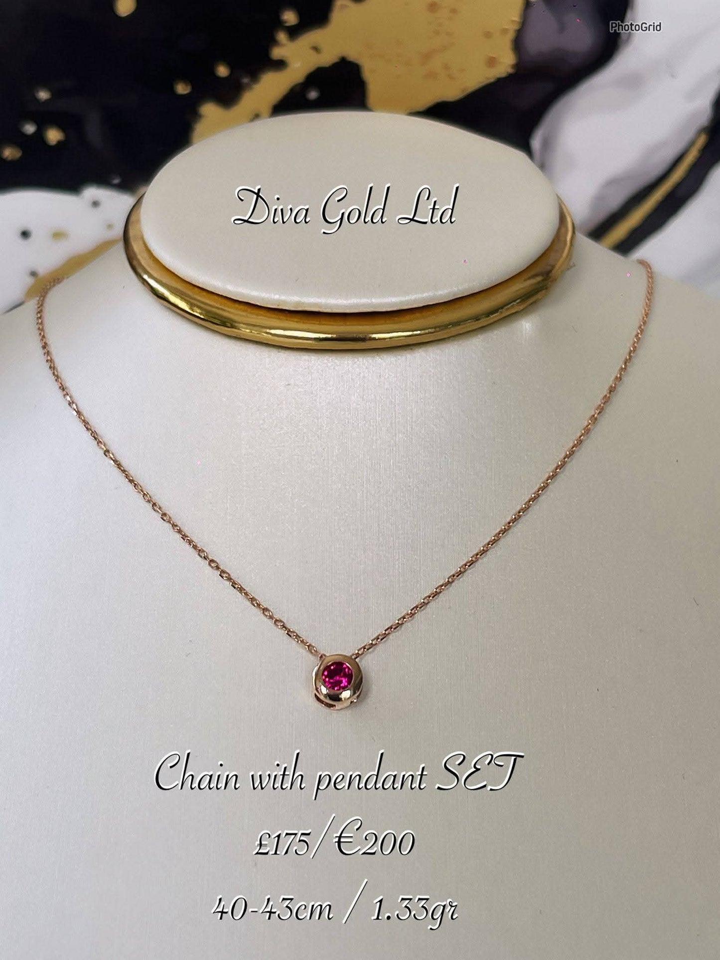 Gold Chain with pendant / pink zircon stone.  40-43cm