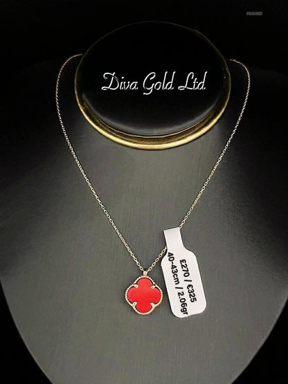 Gold Chain with red clover pendant. 40-43cm