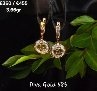 Gold 585 chanel earrings with white zircon stones