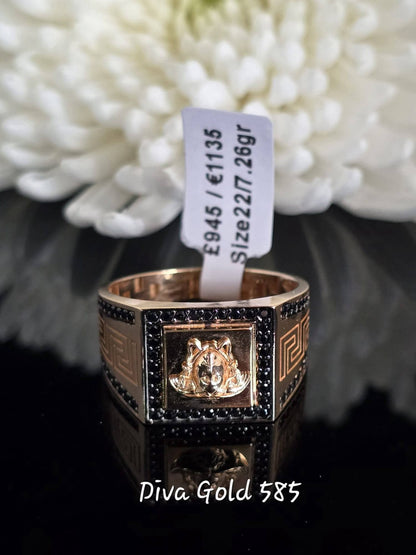 Men's gold 585 ring with black zircon stones. Size 22
