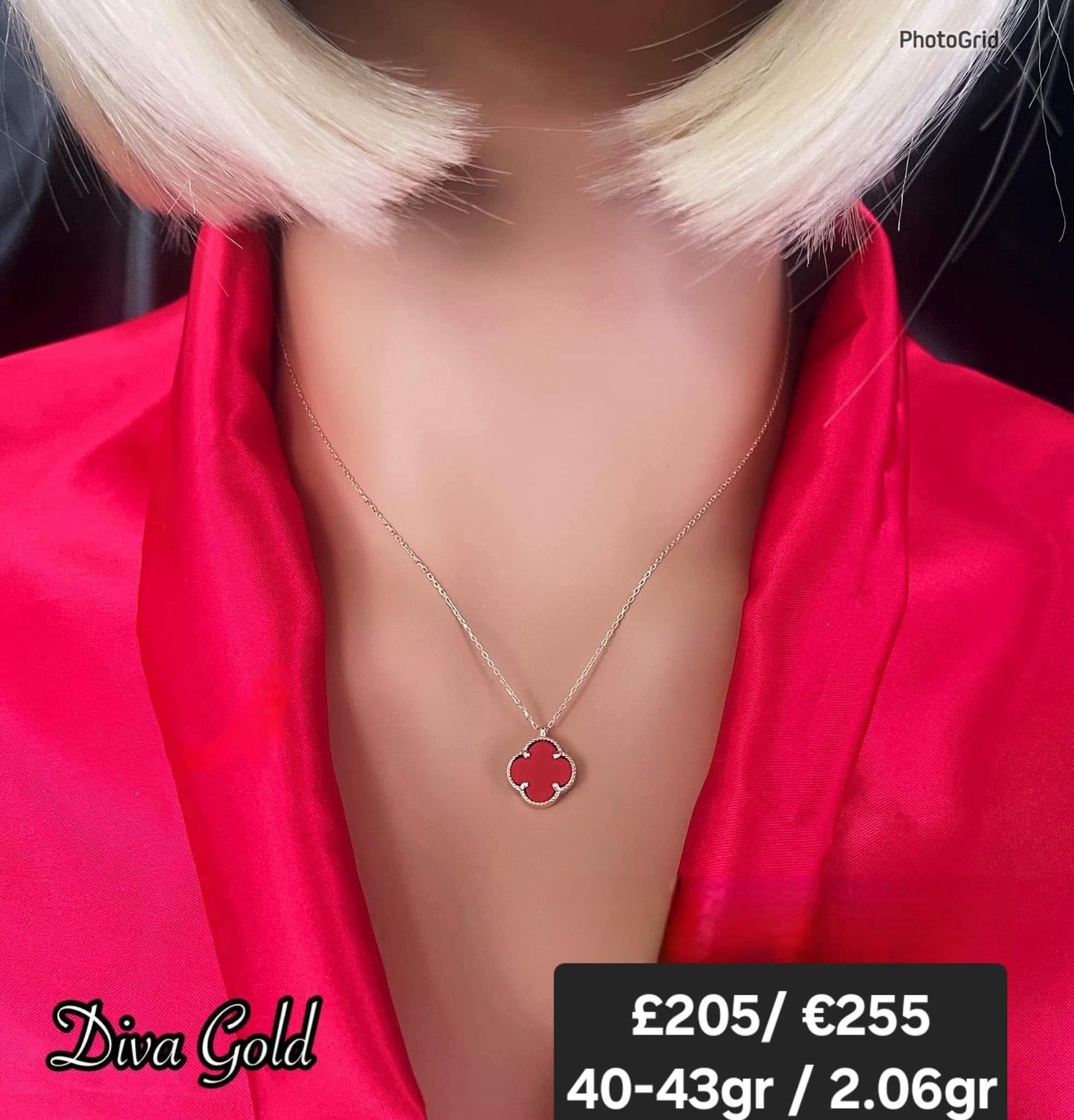 Gold chain with red clover pendant. 40-43cm