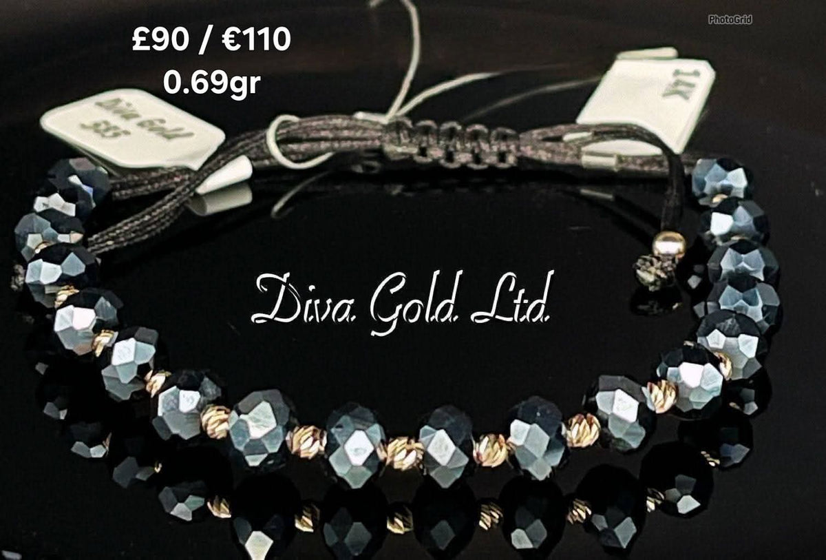 black thread bracelet with 585 gold details / blue beads
