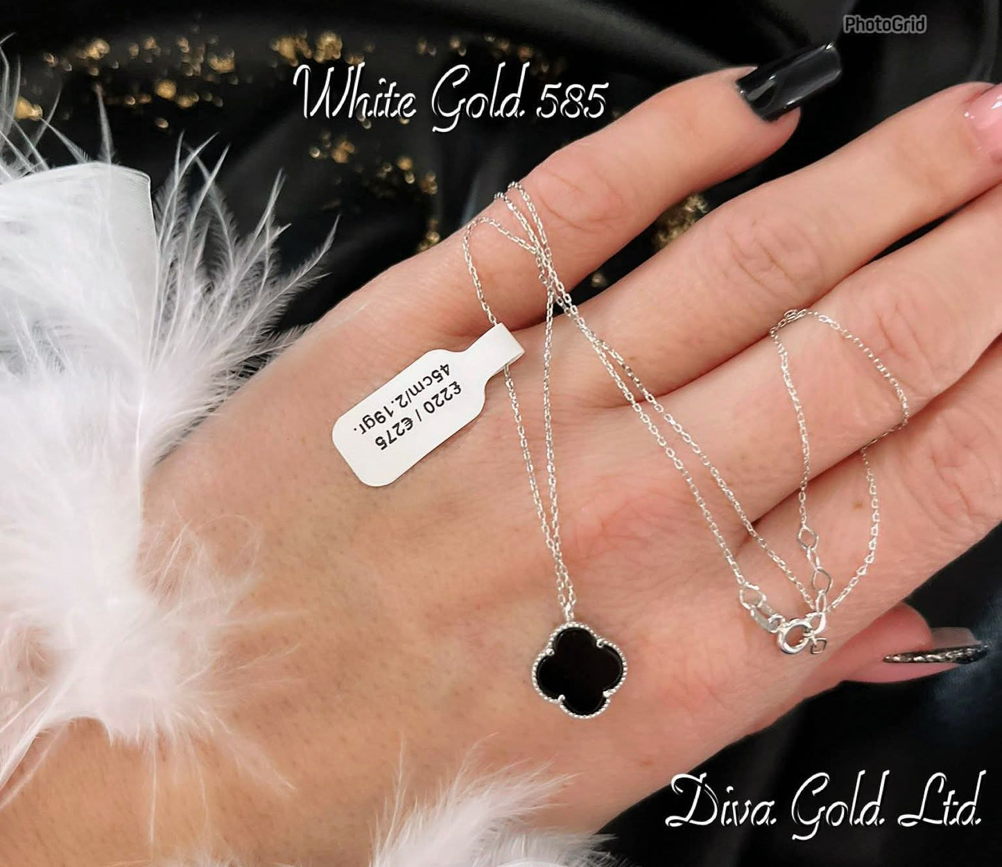 White Gold chain with black clover pendant. 45cm