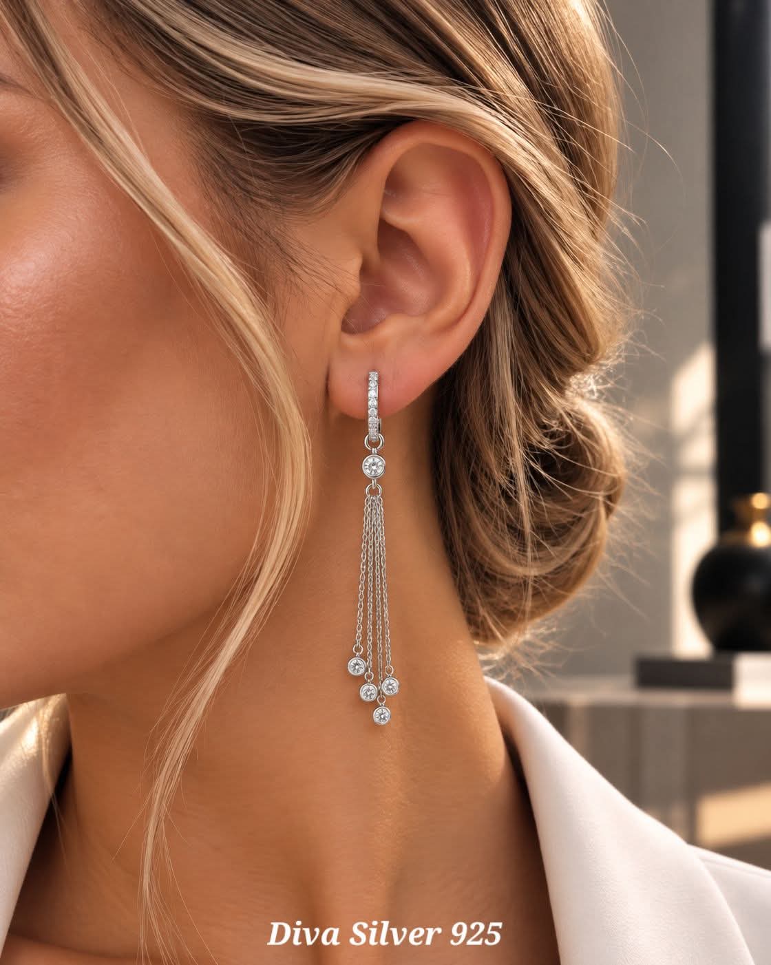 Sterling Silver Long Shining  Women Earrings