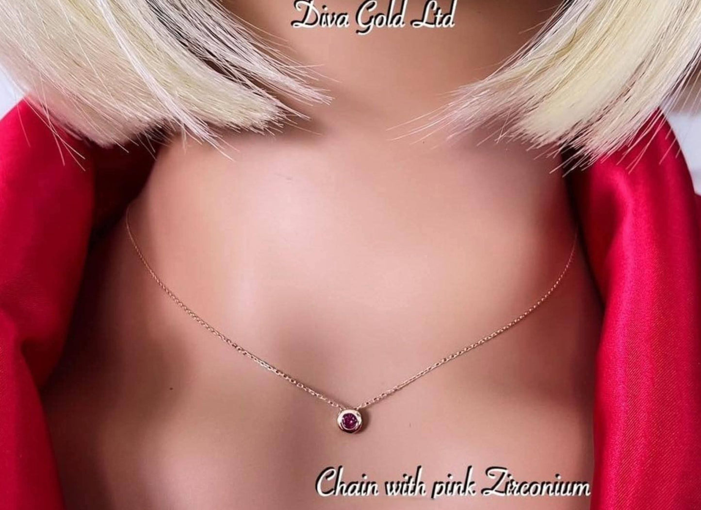 Gold Chain with pendant / pink zircon stone.  40-43cm
