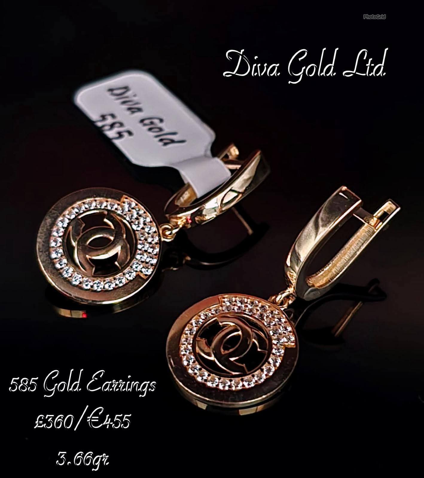 Gold 585 chanel earrings with white zircon stones