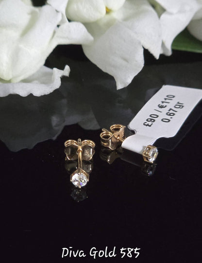 Stud gold earrings white zircon stones.