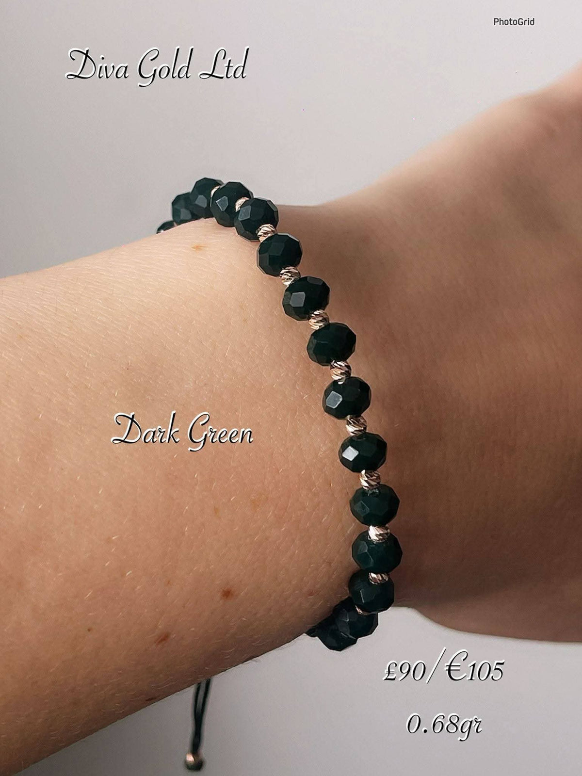 Dark green thread bracelet with 585 gold details. 0.68gram