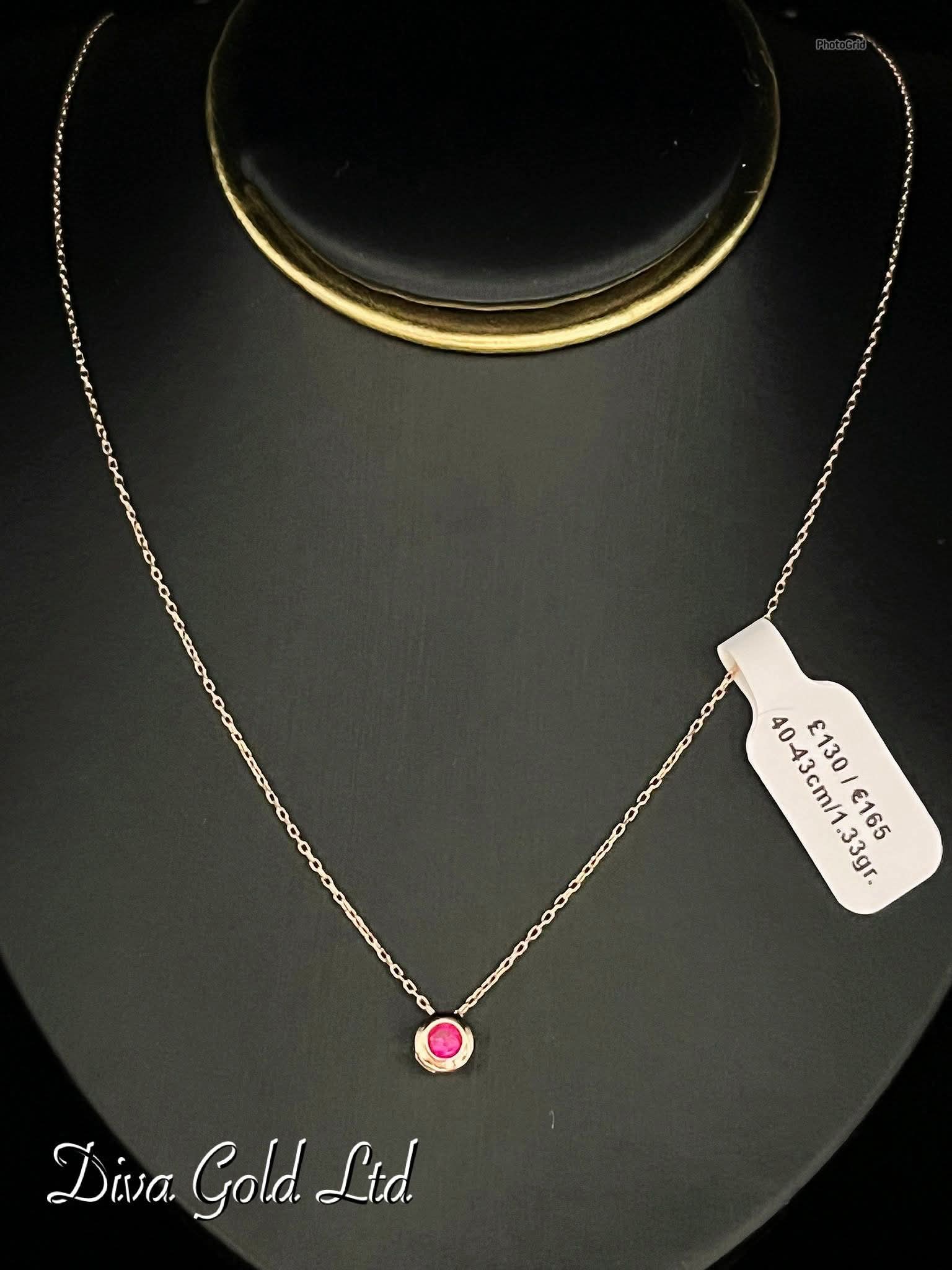 Gold chain with pink zircon stone pendant. 40-43cm