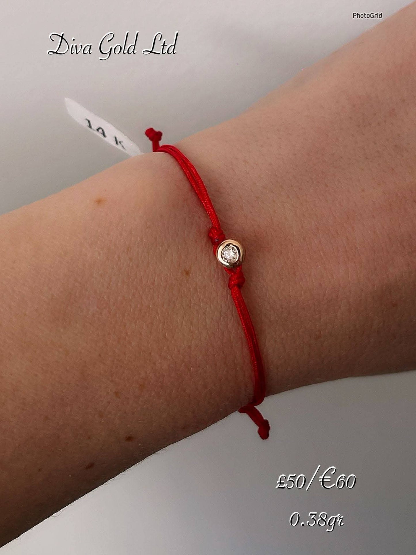 Red thread bracelet with 585 gold details. 0.38gram