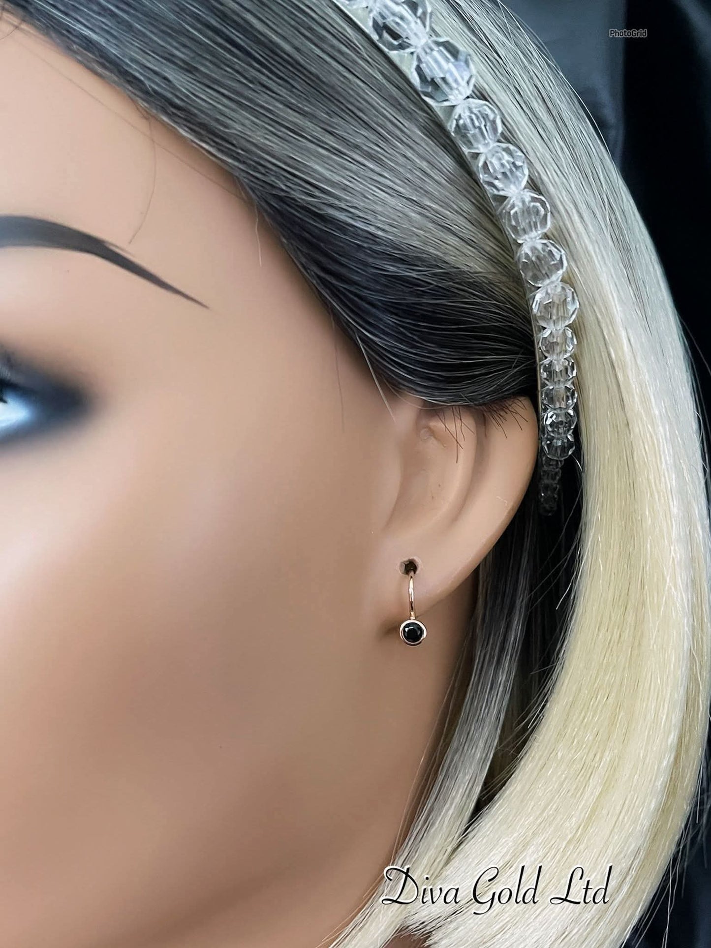 Kids gold 585 earrings with black zircon stone