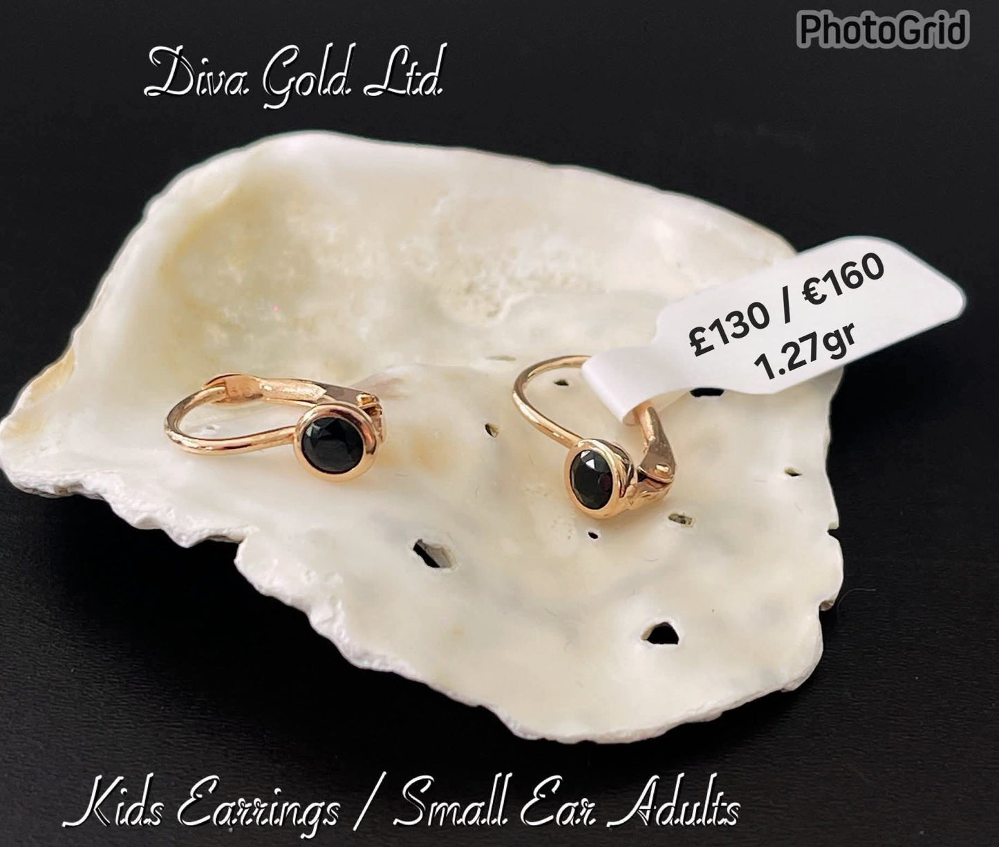 Kids gold 585 earrings with black zircon stone