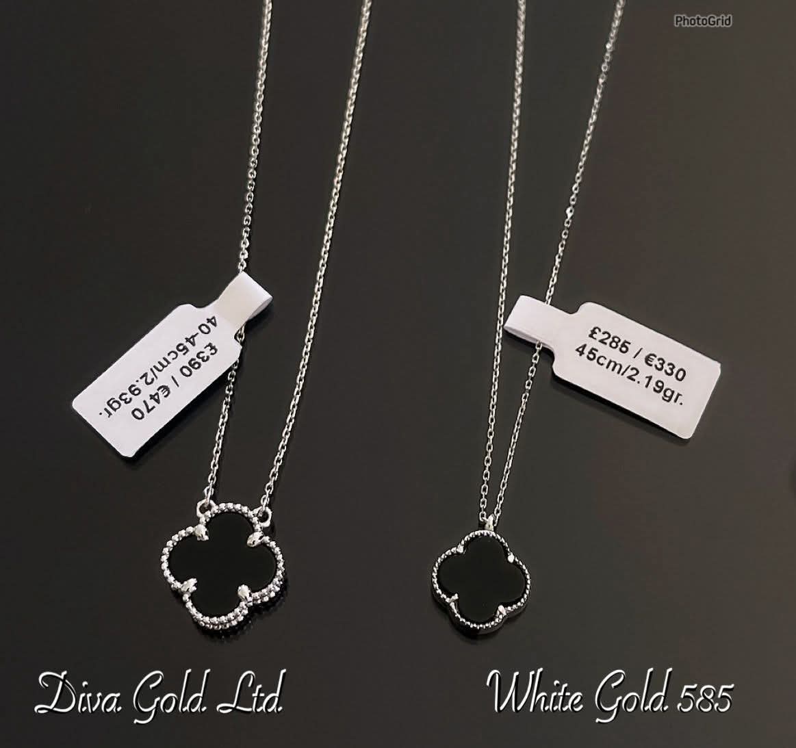 White Gold Chain with black clover pendant. 45cm