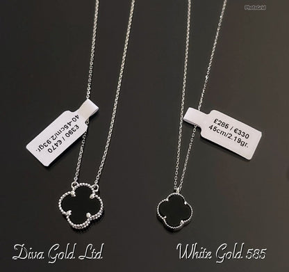 White Gold Chain with black clover pendant. 45cm