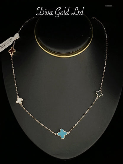 Gold chain with clovers pendants.  41-44cm