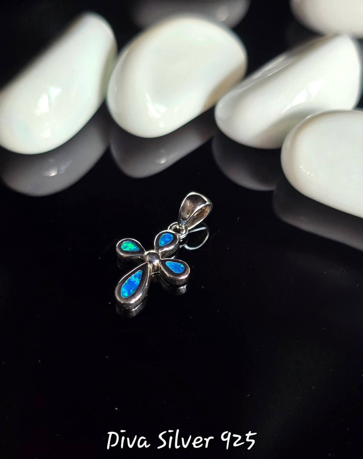 925 Sterling Blue Opal Cross Pendant