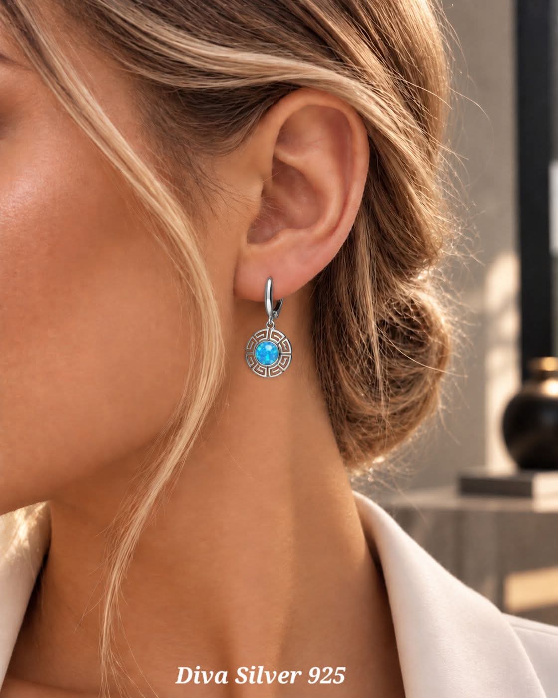 Sterling Silver Blue Opal Women Earrings