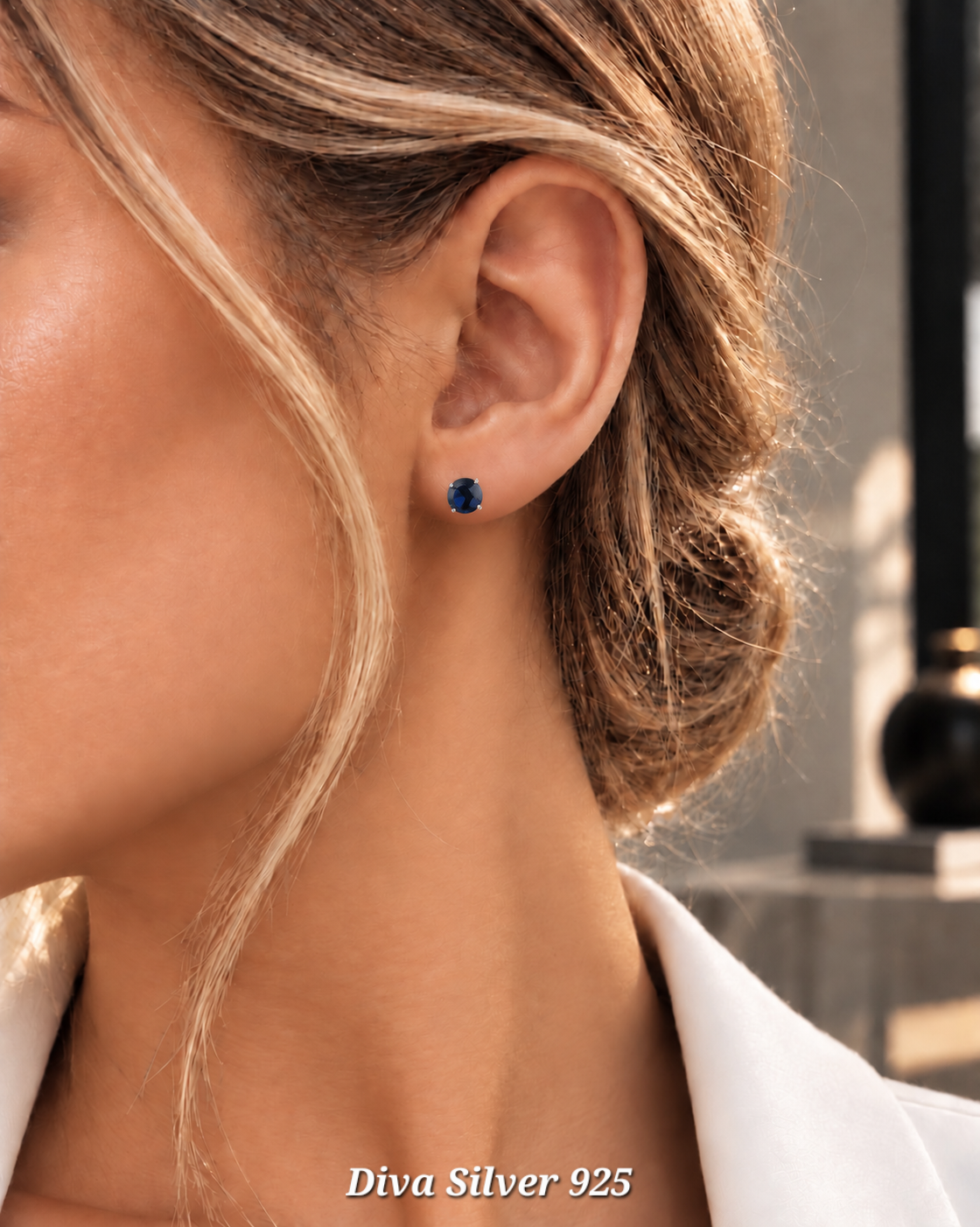 Sterling Silver Dark Blue Women Stud Earrings