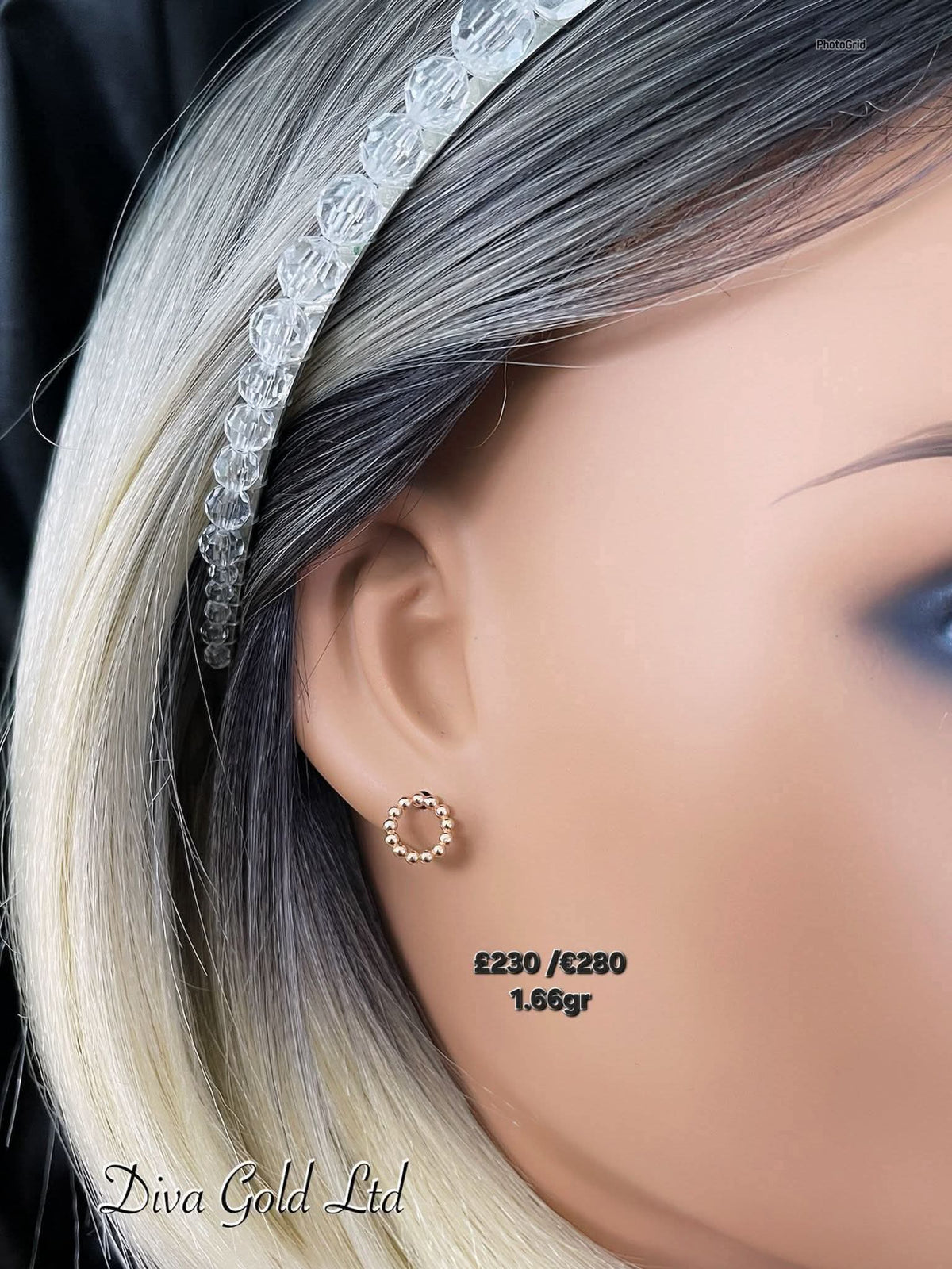 Stud gold earrings.
