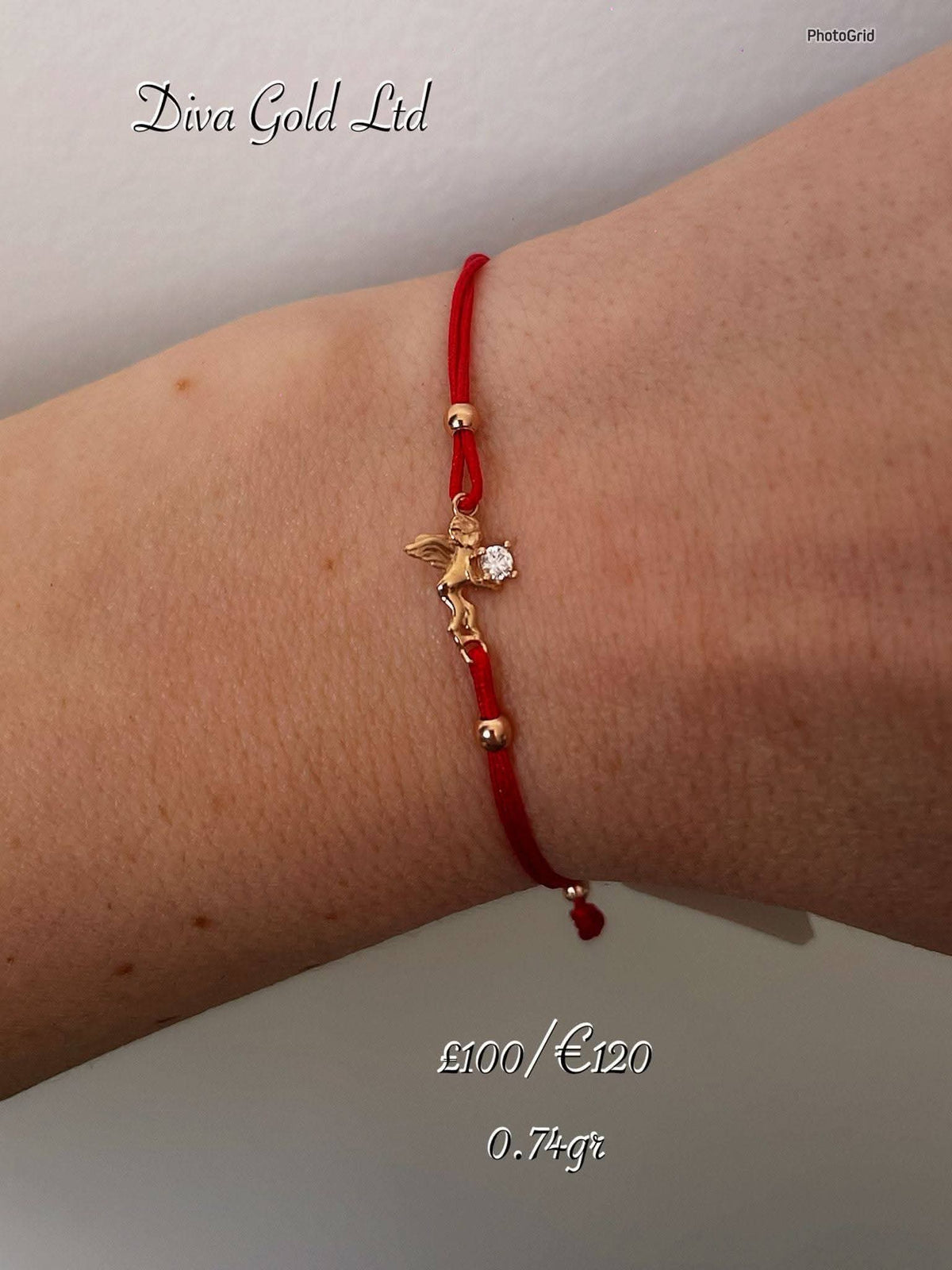 Red thread bracelet with 585 gold details. 0.74gram