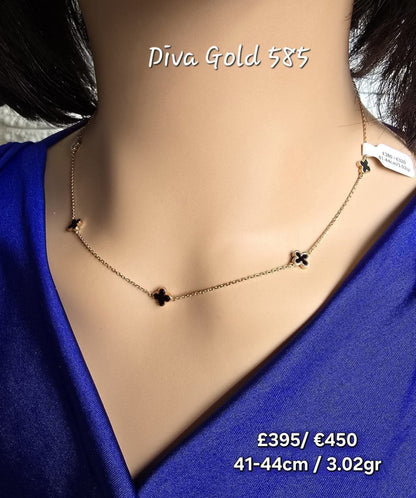 Gold Chain with black clovers pendants. 41-44cm