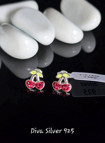 Sterling Silver Shining Cherry Stud Earrings for Kids