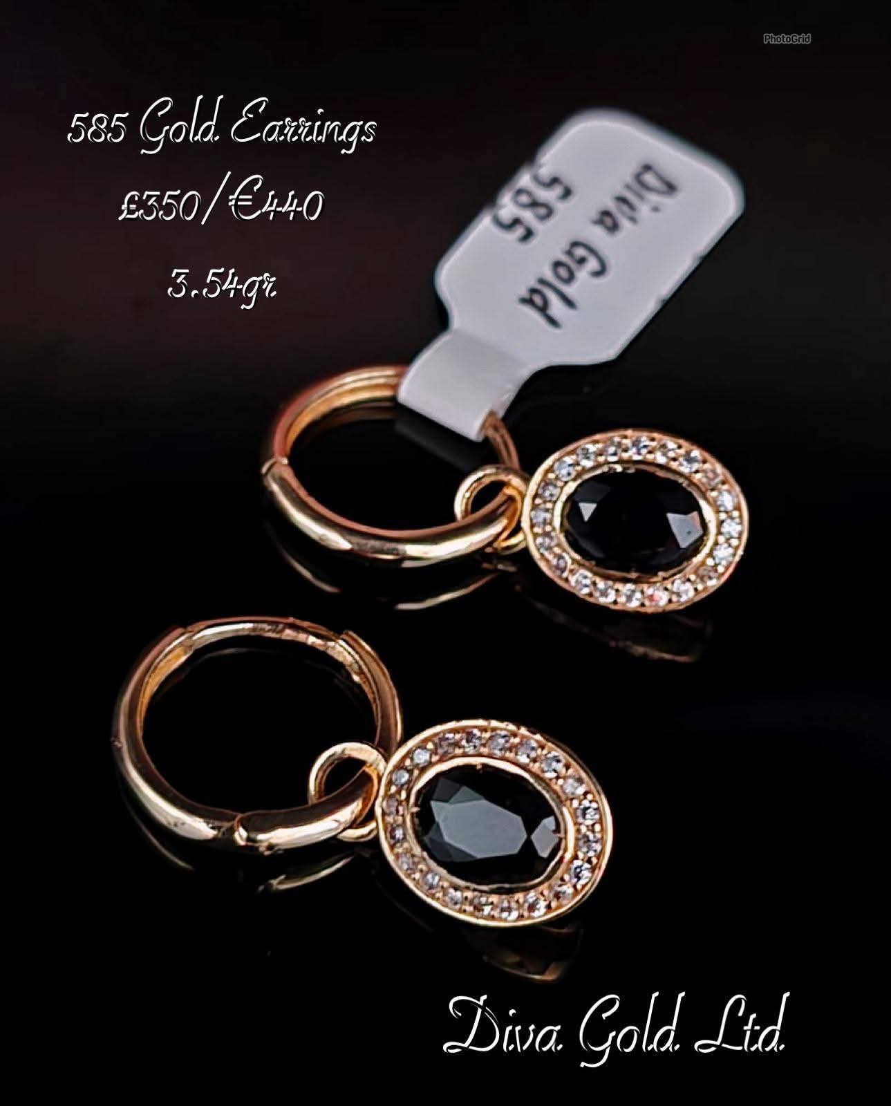 Gold 585 earrings with white & black zircon stones