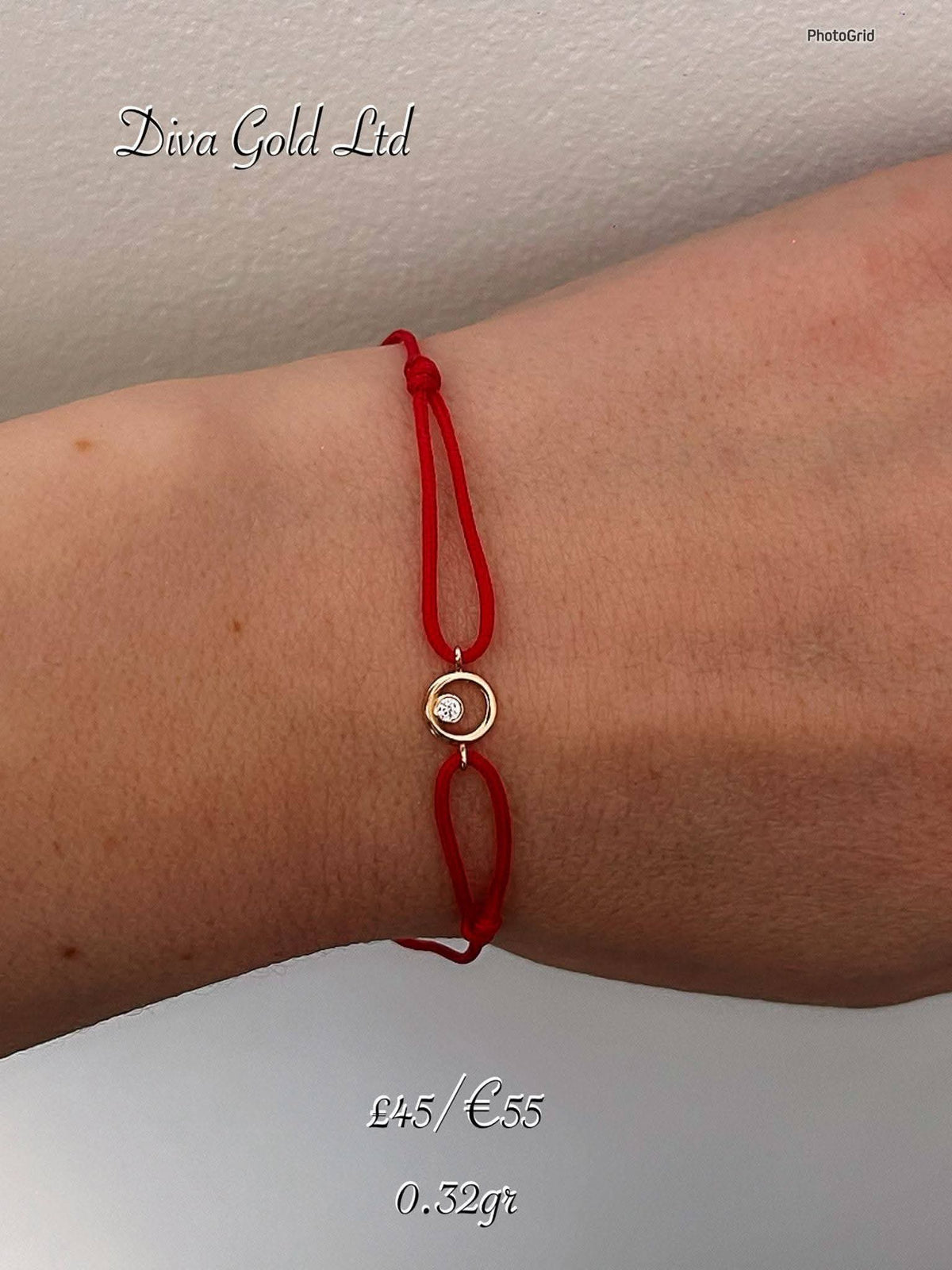 Red thread bracelet with 585 gold details.0.32gram