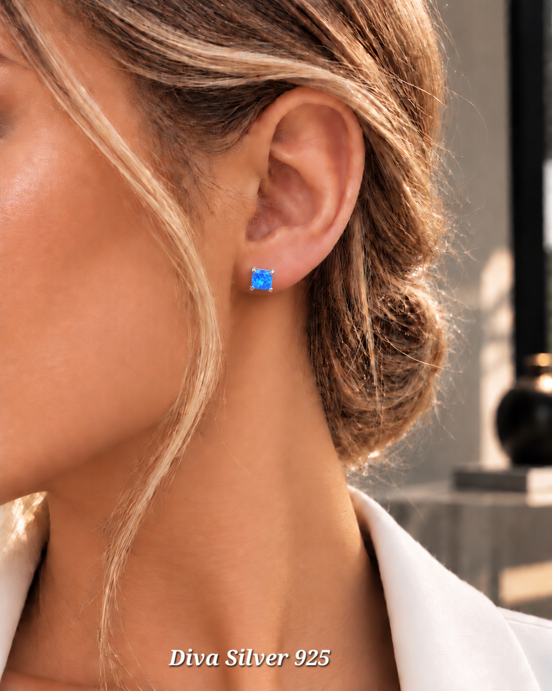 Sterling Silver Opal Blue Women Stud Earrings
