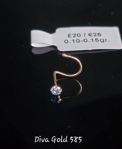 585 Gold nose piercing with blue zircon stone. 0.10 - 0.15 gr