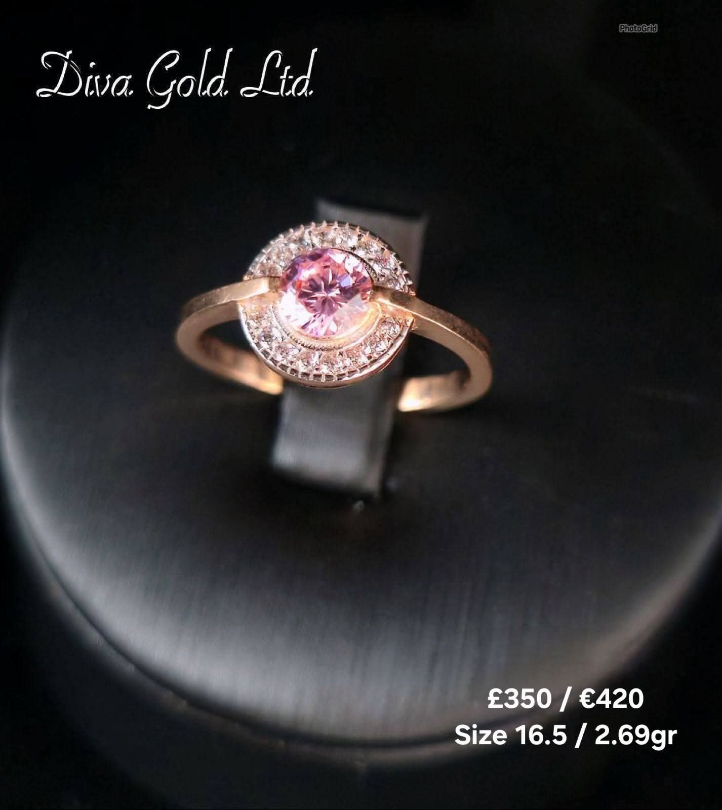 Gold women ring. White & Pink zircon stones. Size 16.5