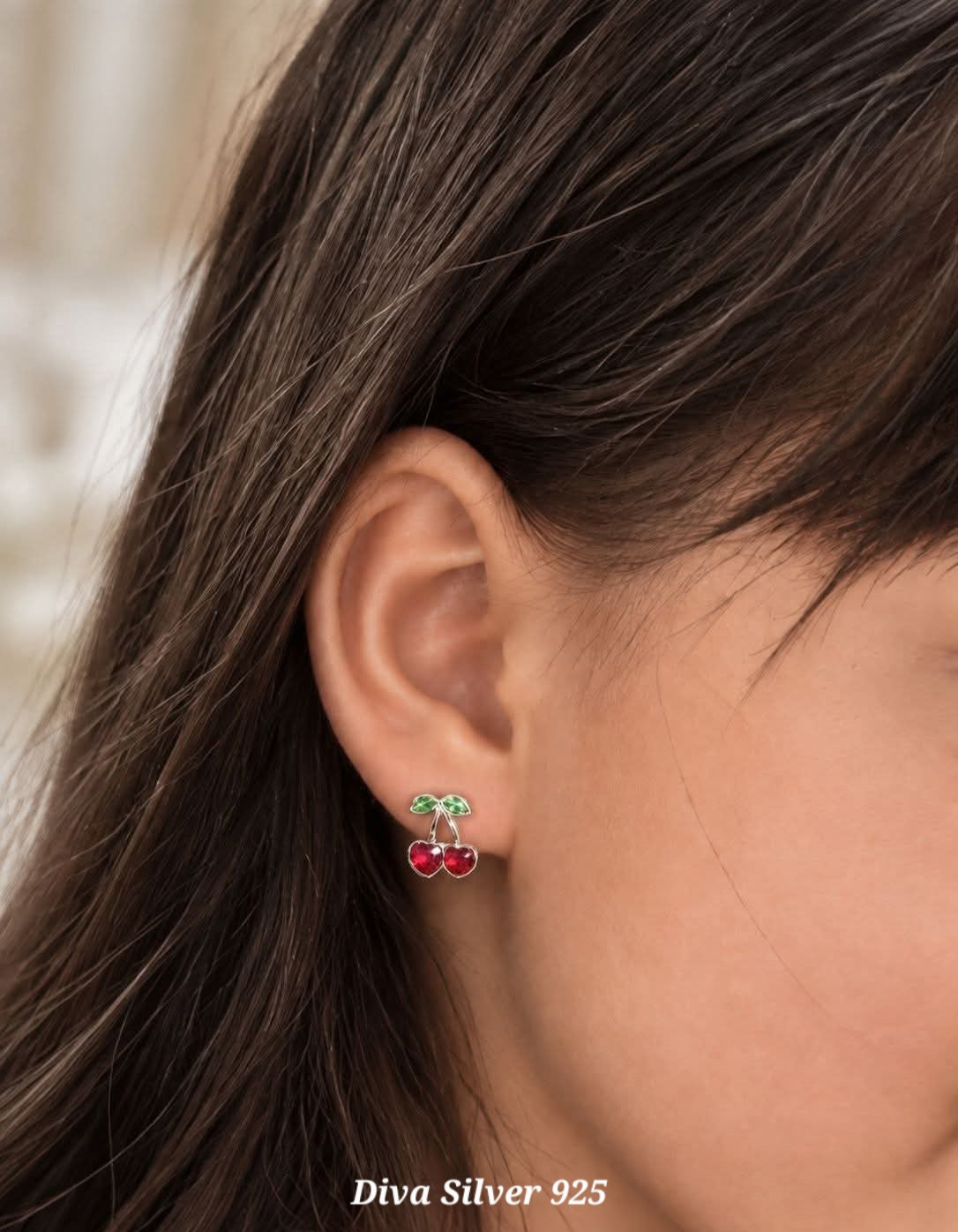 Sterling Silver Cherry Stud Earrings for Kids