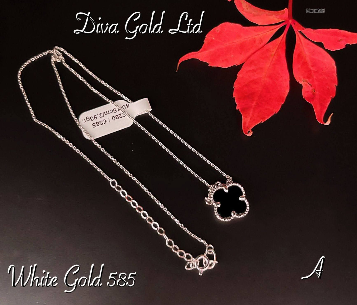 White Gold chain with black clover pendant. 40-45cm