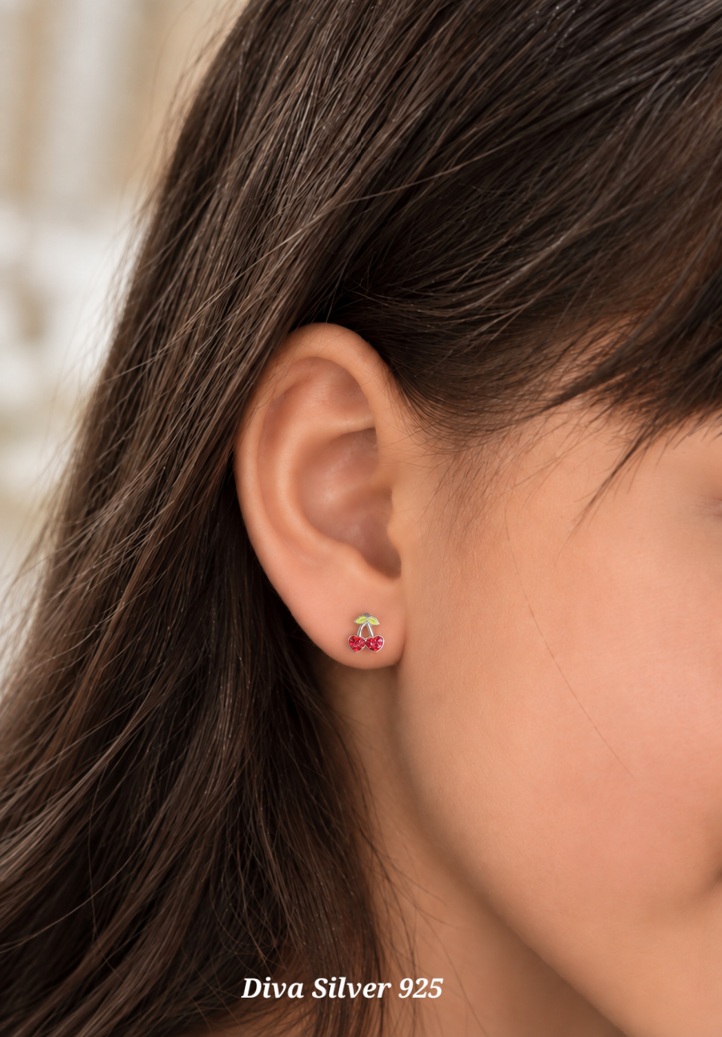 Sterling Silver Shining Cherry Stud Earrings For Kids