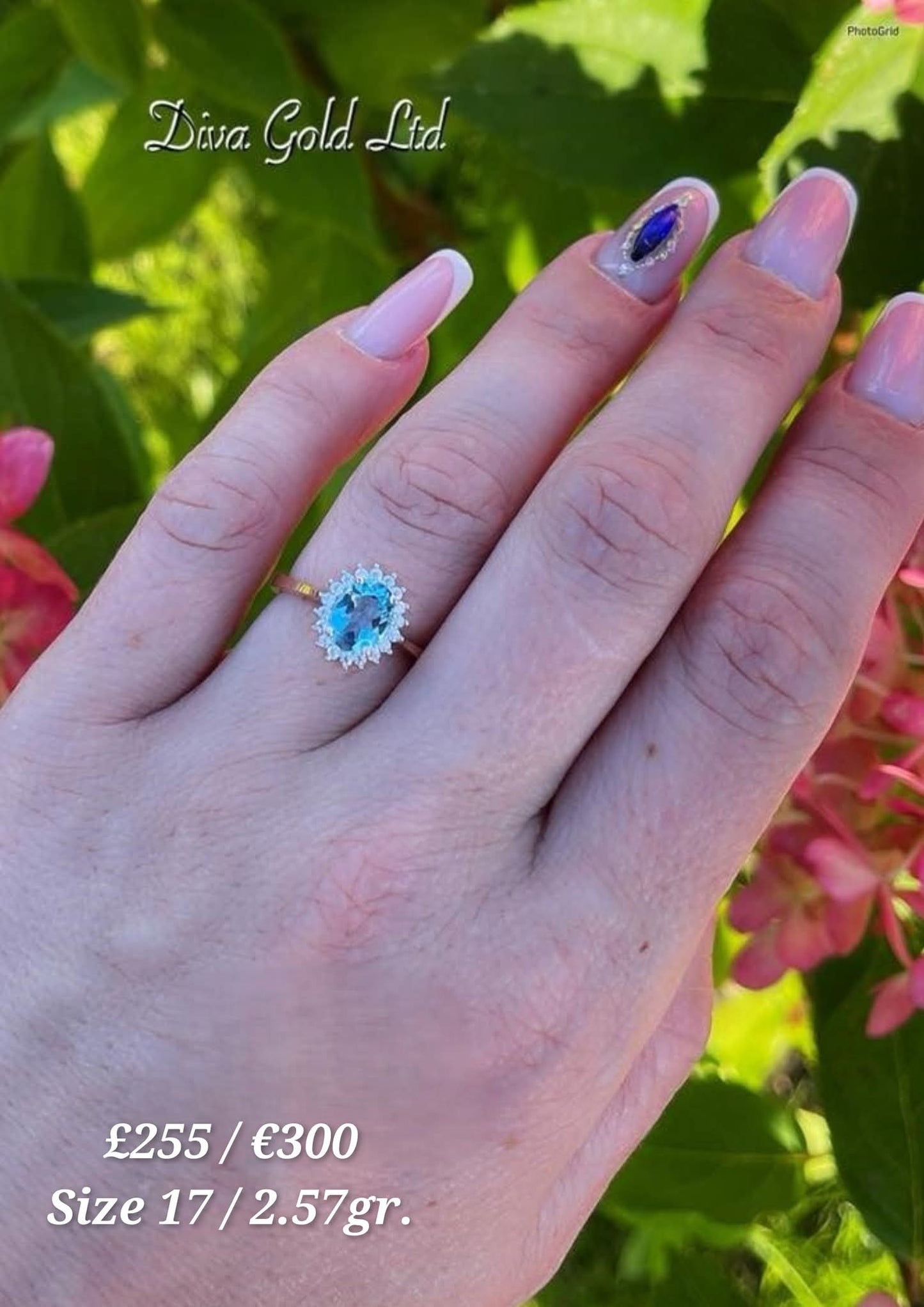 Gold ring with white&blue zircon stones. Size 17