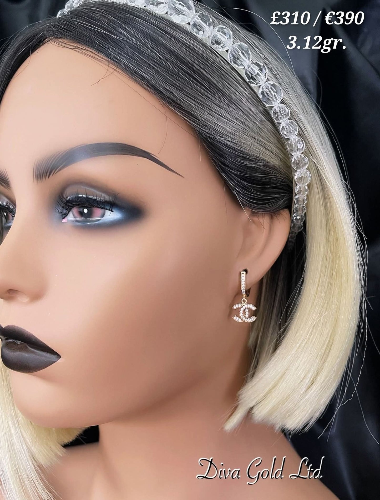 Gold 585 chanel earrings with white zircon stones