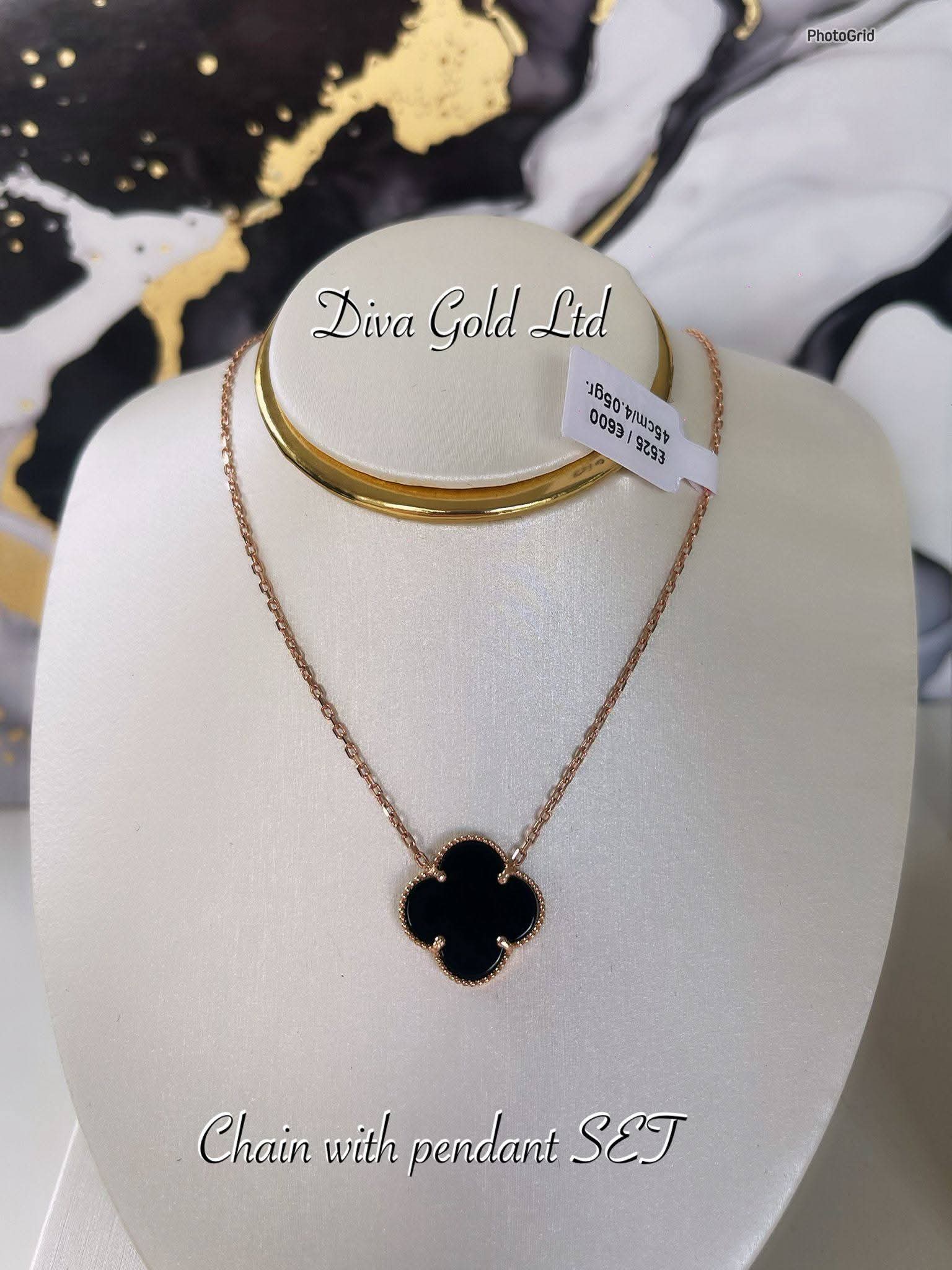 Gold Chain with black clover pendant. 40-43cm