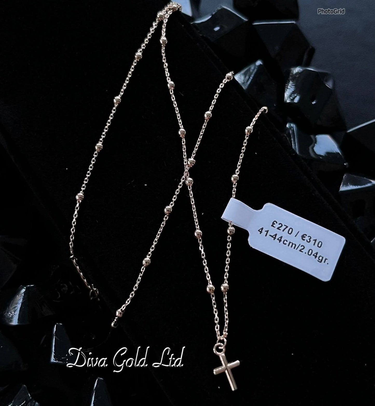 Gold Chain with cross pendant. 41-44cm