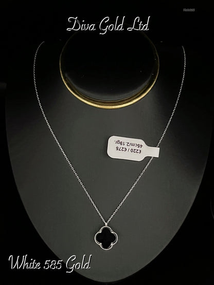 White Gold chain with black clover pendant. 45cm