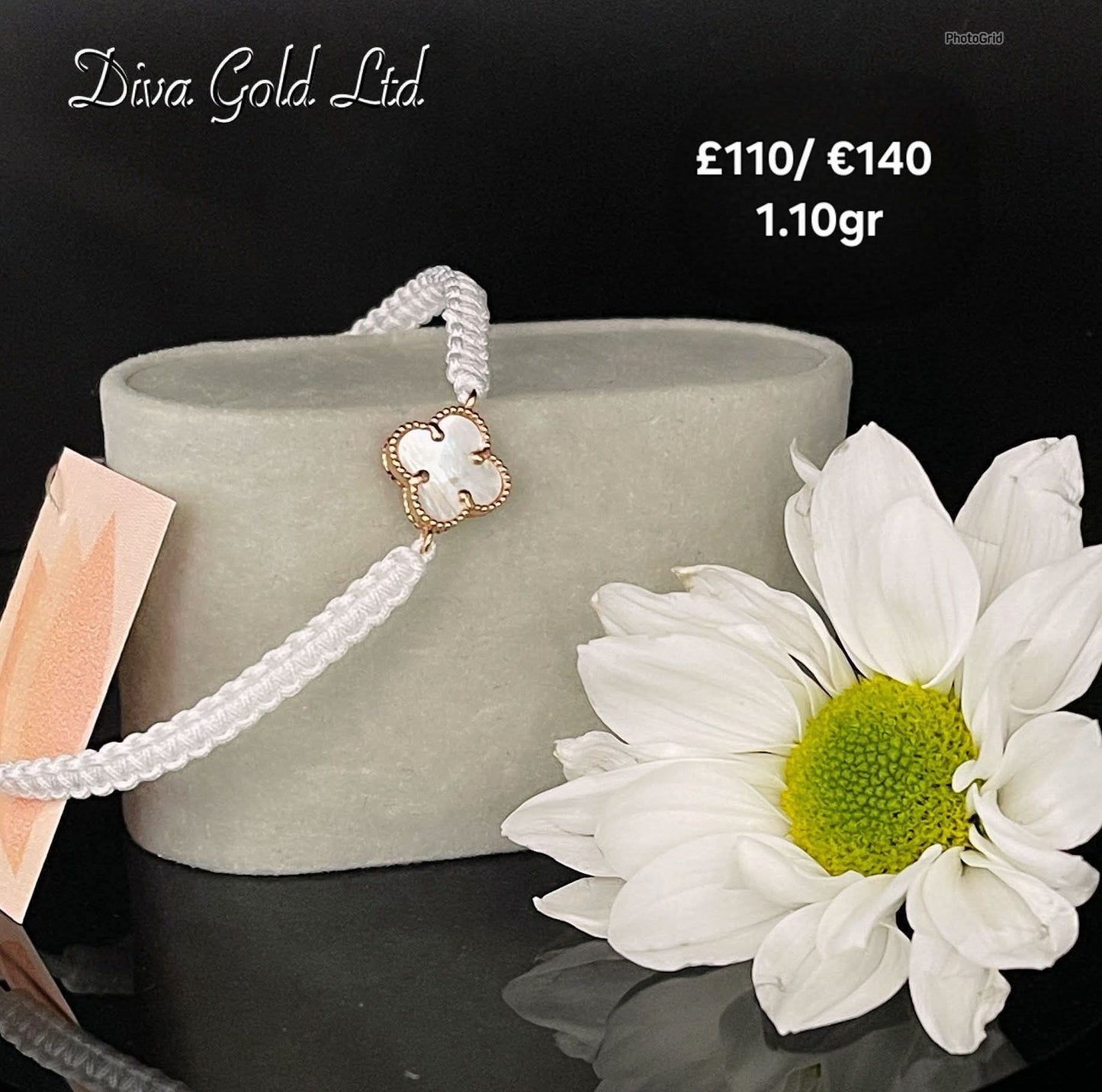 White clover thread bracelet with gold details.