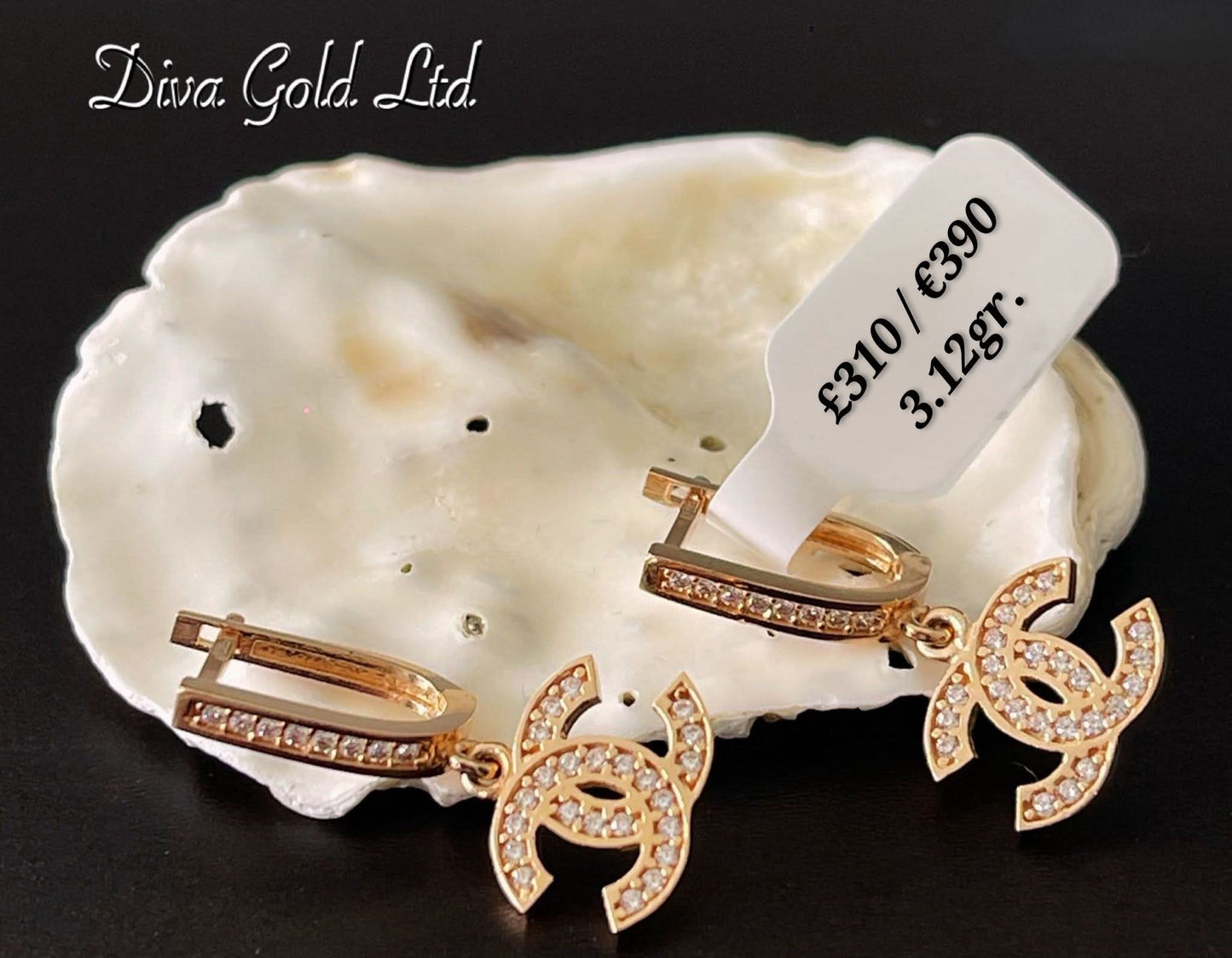 Gold 585 chanel earrings with white zircon stones