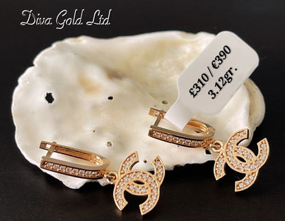 Gold 585 chanel earrings with white zircon stones