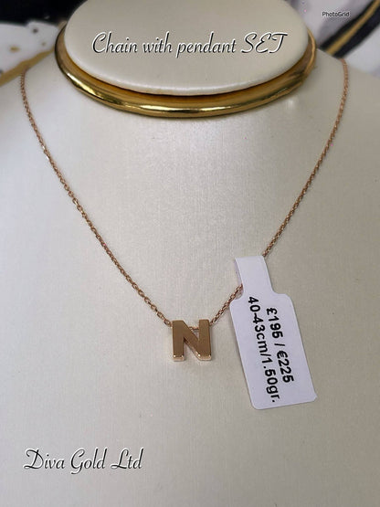Gold Chain with letter N pendant. 40-43cm