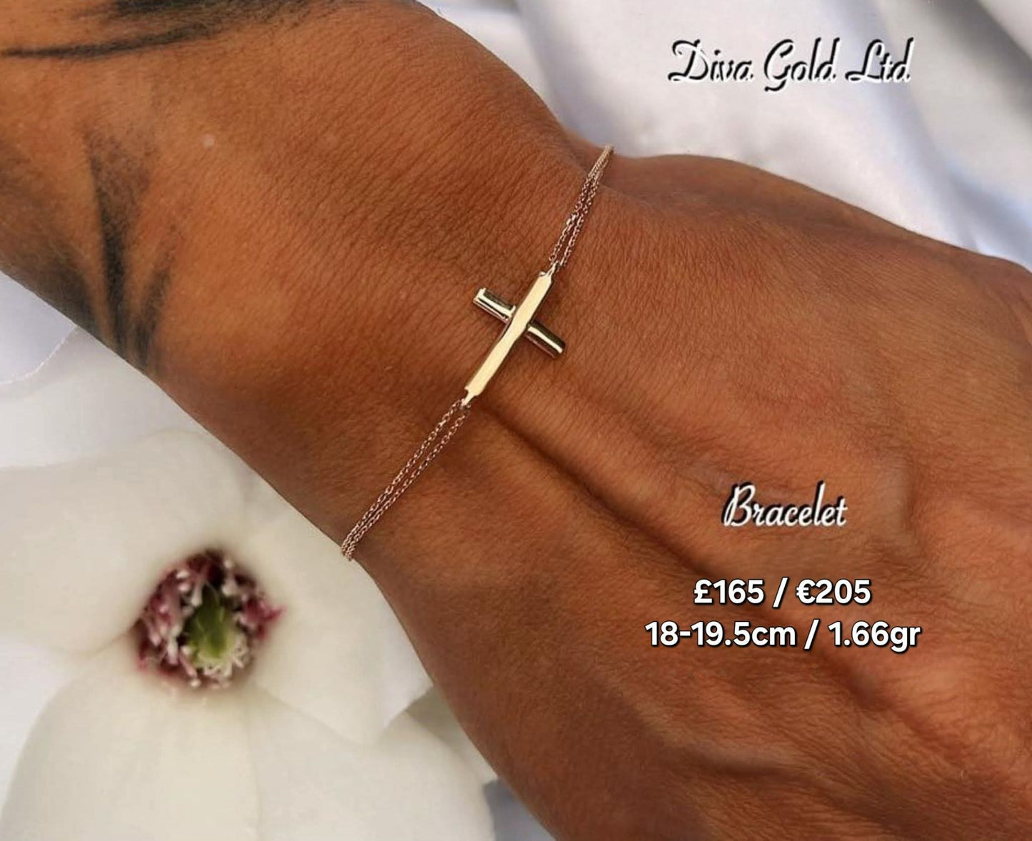 Gold bracelet with cross pendant. 18-19cm