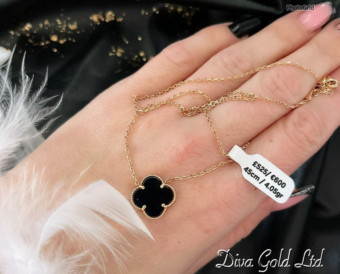 Gold Chain with black clover pendant. 40-43cm
