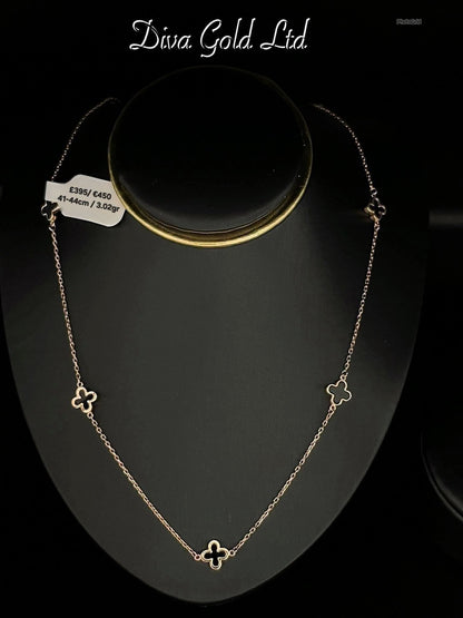 Gold Chain with black clovers pendants. 41-44cm